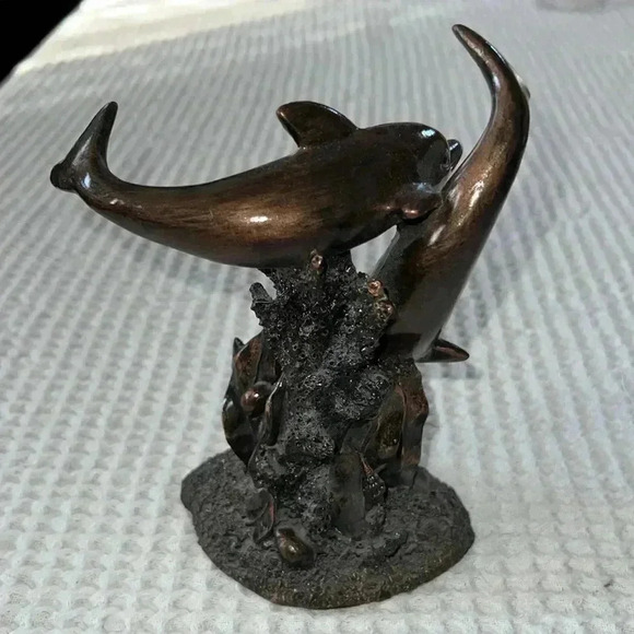 Two Bronze Colored Dolphin Coral Reef Sea Shells Statue - Picture 2 of 3